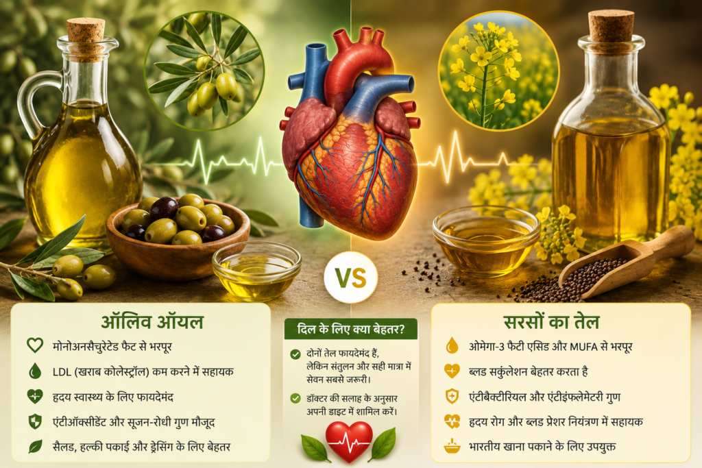 दिल को स्वस्थ रखना है तो कौन सा तेल चुनें? ऑलिव ऑयल और सरसों के तेल में जानिए फर्क.. दिल को स्वस्थ रखना है तो कौन सा तेल चुनें? ऑलिव ऑयल और सरसों के तेल में जानिए फर्क..