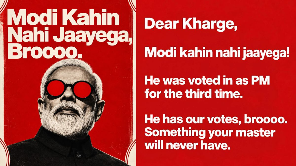 ‘मोदी नहीं जाएगा ब्रो!’ बीजेपी की एक पोस्ट ने खींचा ध्यान, खरगे के बयान पर ऐसे दिया जवाब ‘मोदी नहीं जाएगा ब्रो!’ बीजेपी की एक पोस्ट ने खींचा ध्यान, खरगे के बयान पर ऐसे दिया जवाब